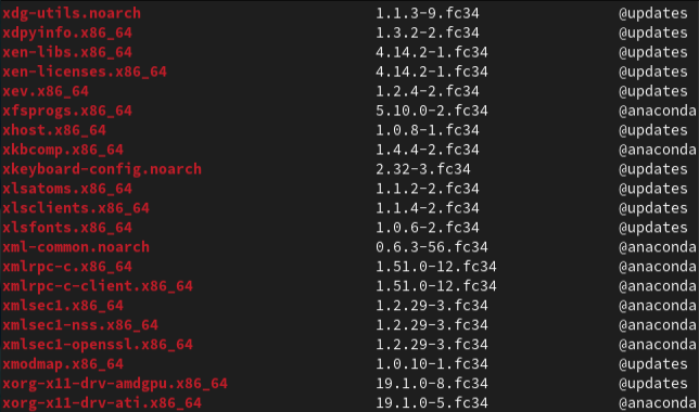 Вывод списка установленных пакетов dnf.