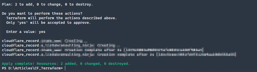 Команда apply запрашивает подтверждение; введите yes, чтобы применить конфигурацию и обновить состояние.