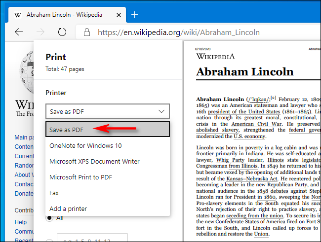 Select Save as PDF in Print window in Microsoft Edge