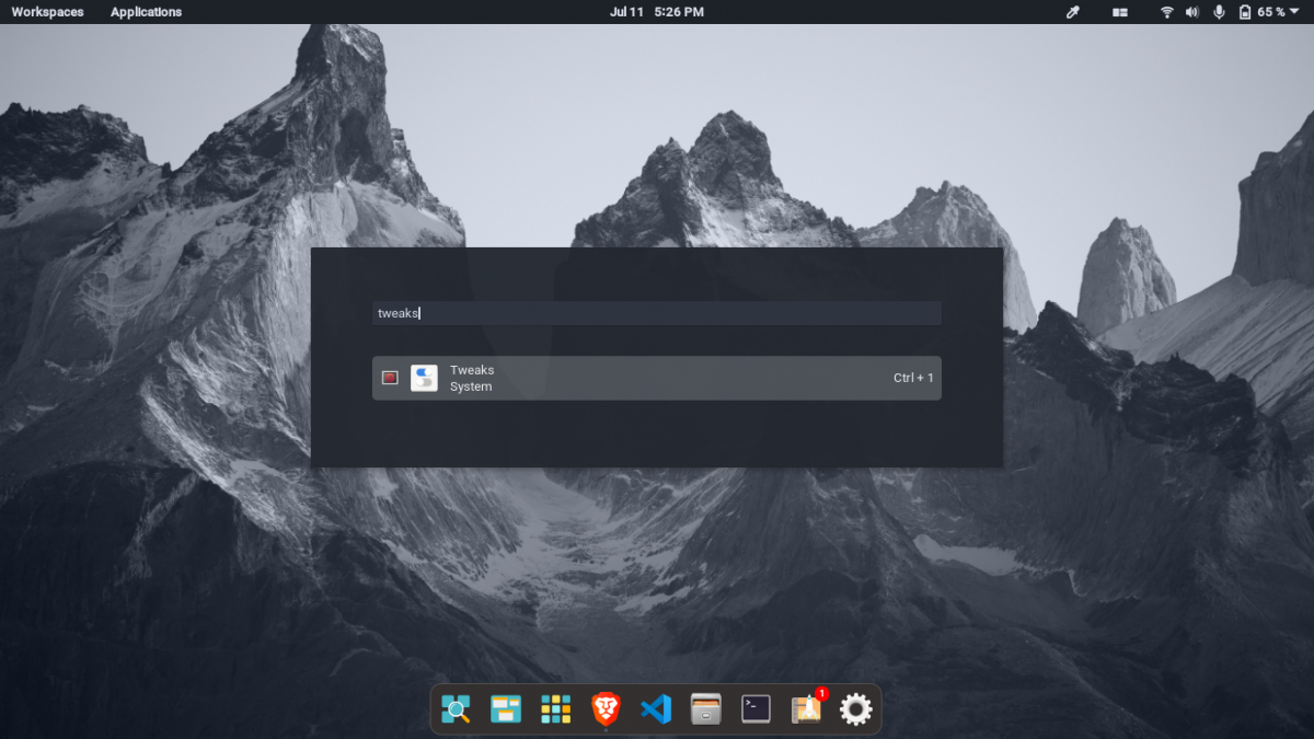 Поиск приложения Tweaks в Pop!_OS через меню