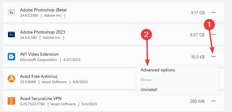Меню дополнительных параметров приложения