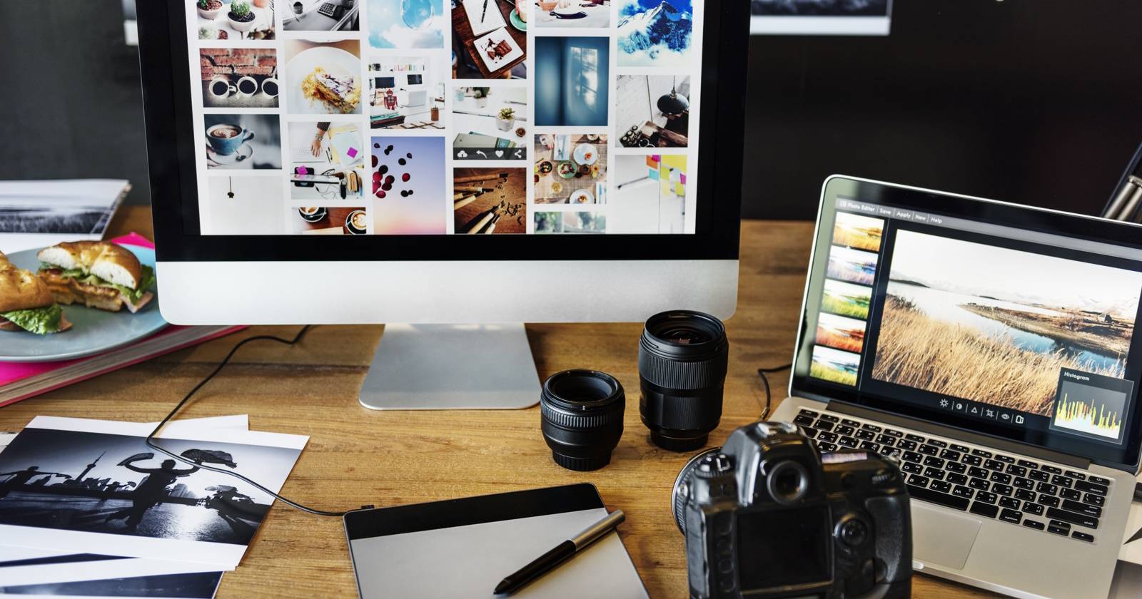 MacBook и iMac с оборудованием для редактирования фотографий