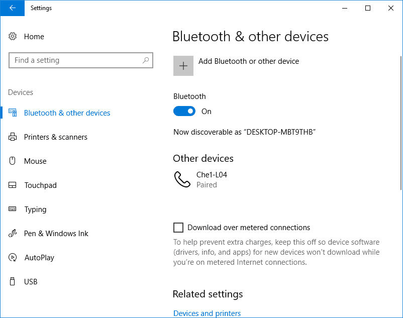 переключатель Bluetooth в настройках Windows
