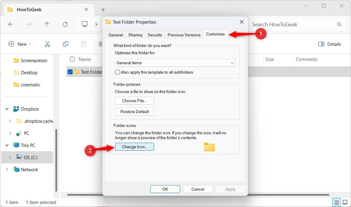 Вкладка Customize в свойствах папки Windows 11