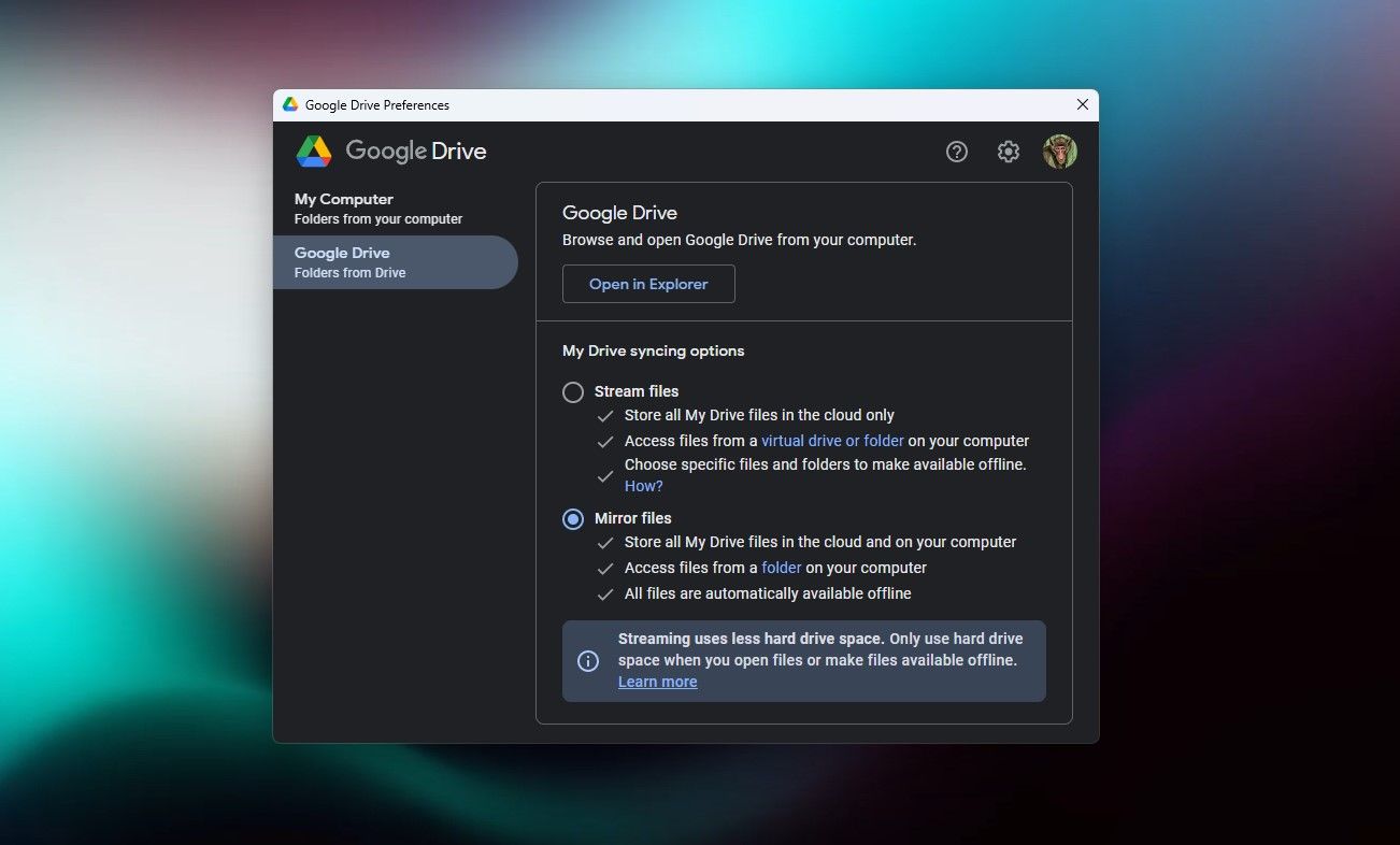 Google Drive preferences on Windows