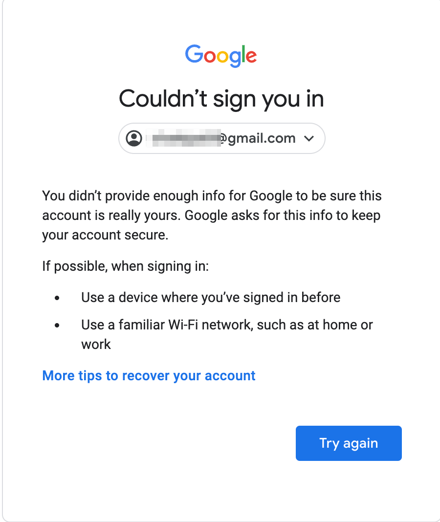 Сообщение о невозможности входа в аккаунт Google