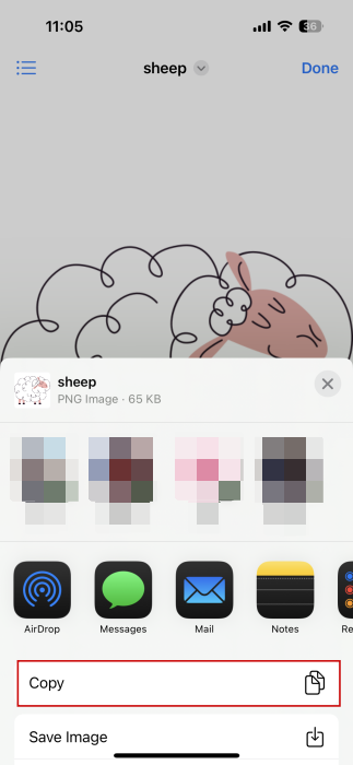 Выбор команды Копировать на iPhone