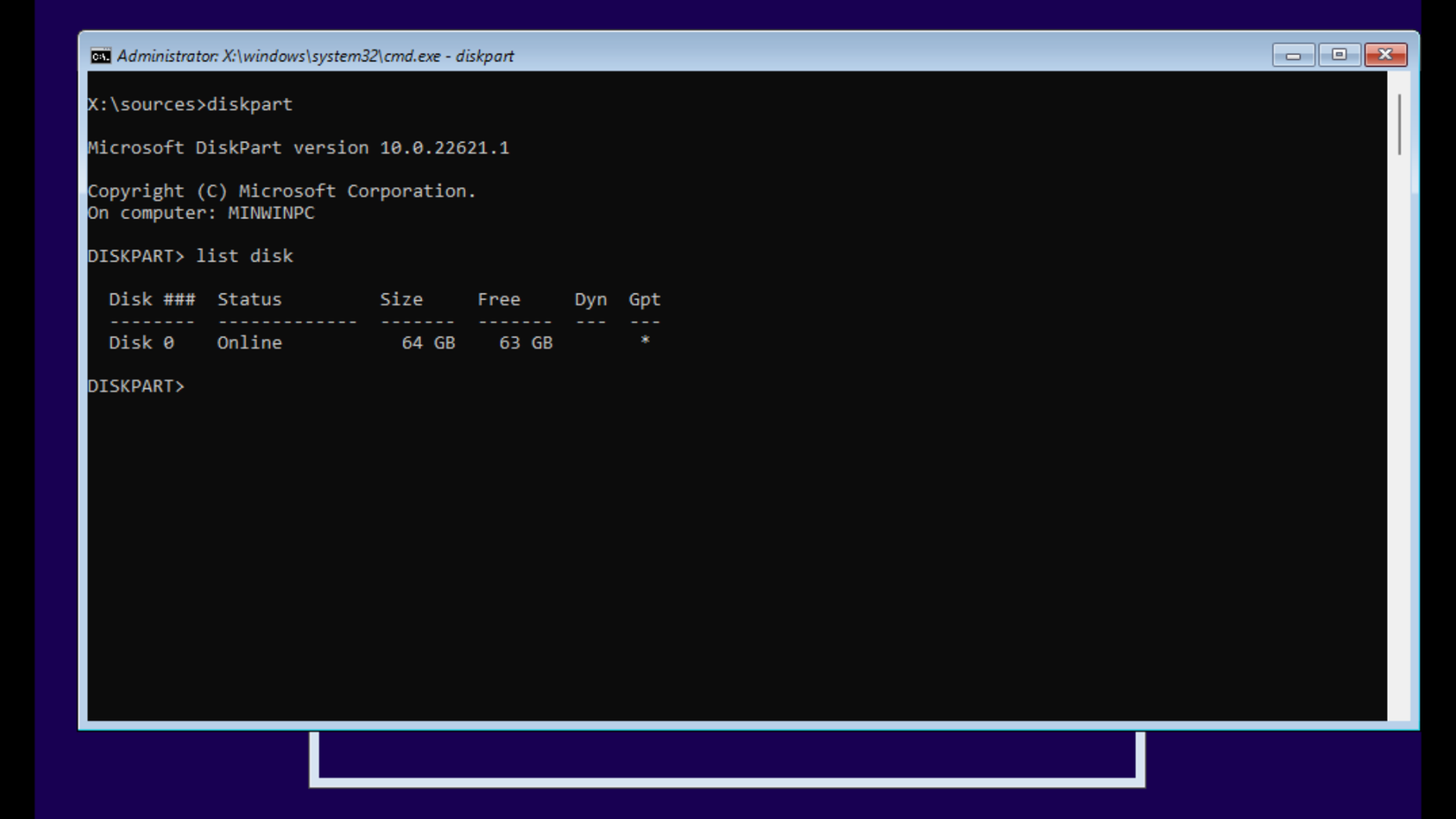 Просмотр доступных дисков с помощью diskpart во время установки