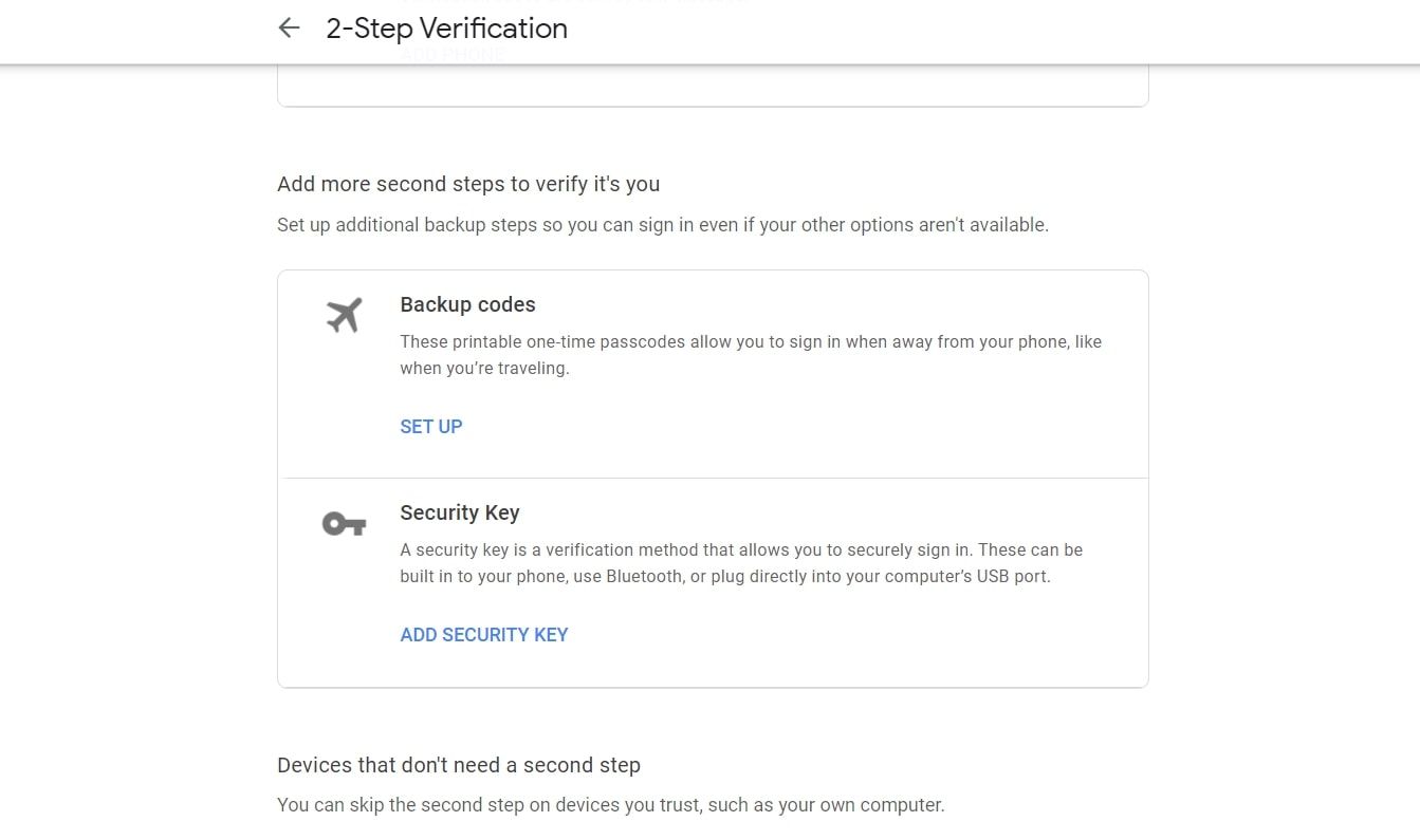 Страница: создать резервные коды в Google