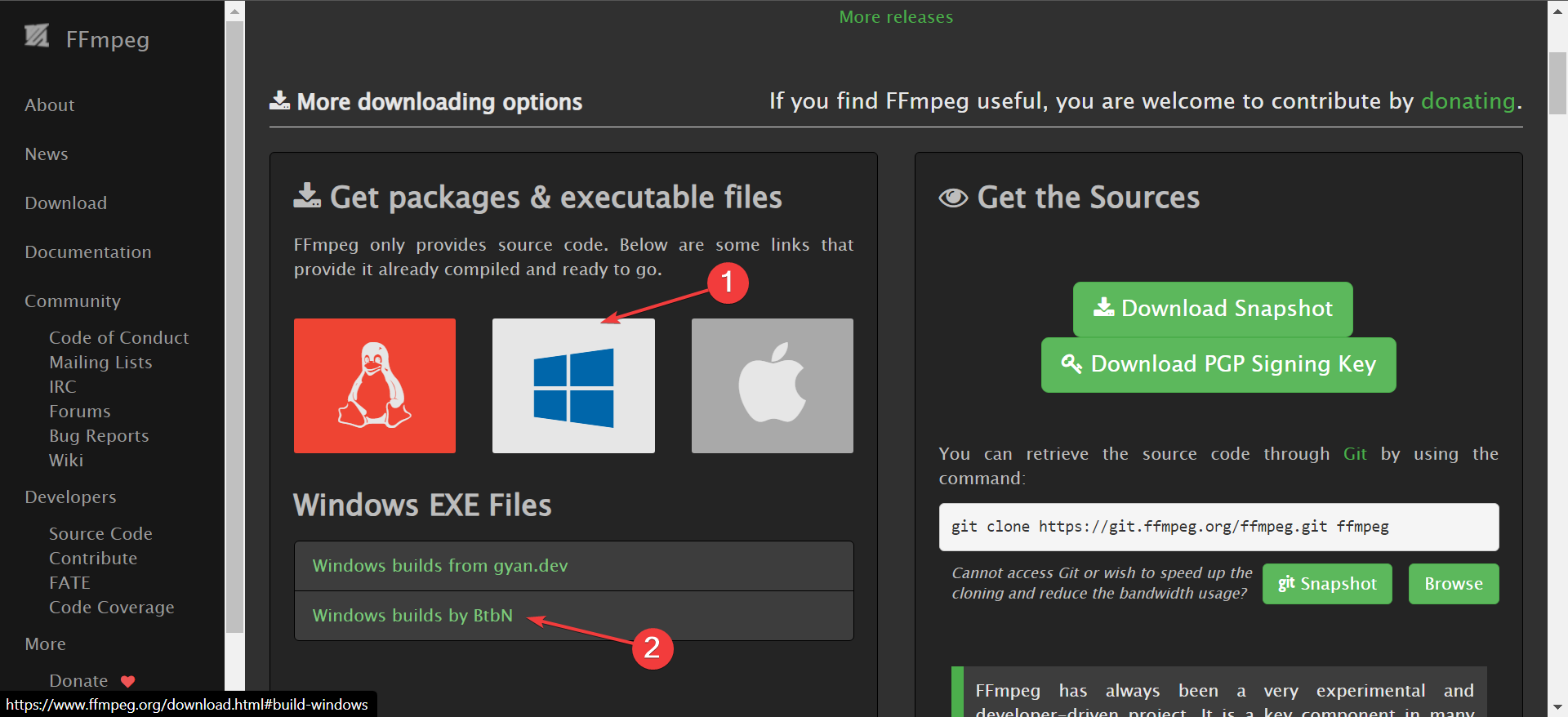 Страница загрузки Windows для FFMPEG с ссылкой на сборки BtbN