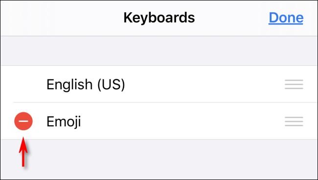 Нажмите красный кружок, чтобы удалить клавиатуру Эмодзи на iPhone
