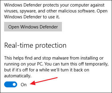 Переключатель Защита в реальном времени в настройках Windows Defender