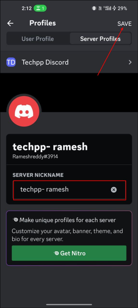Сохранение нового никнейма в мобильном приложении Discord