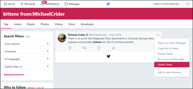 Пример твита в результатах поиска с меню удаления