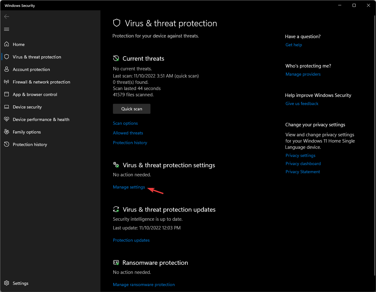 Параметры управления Защитой от вирусов и угроз
