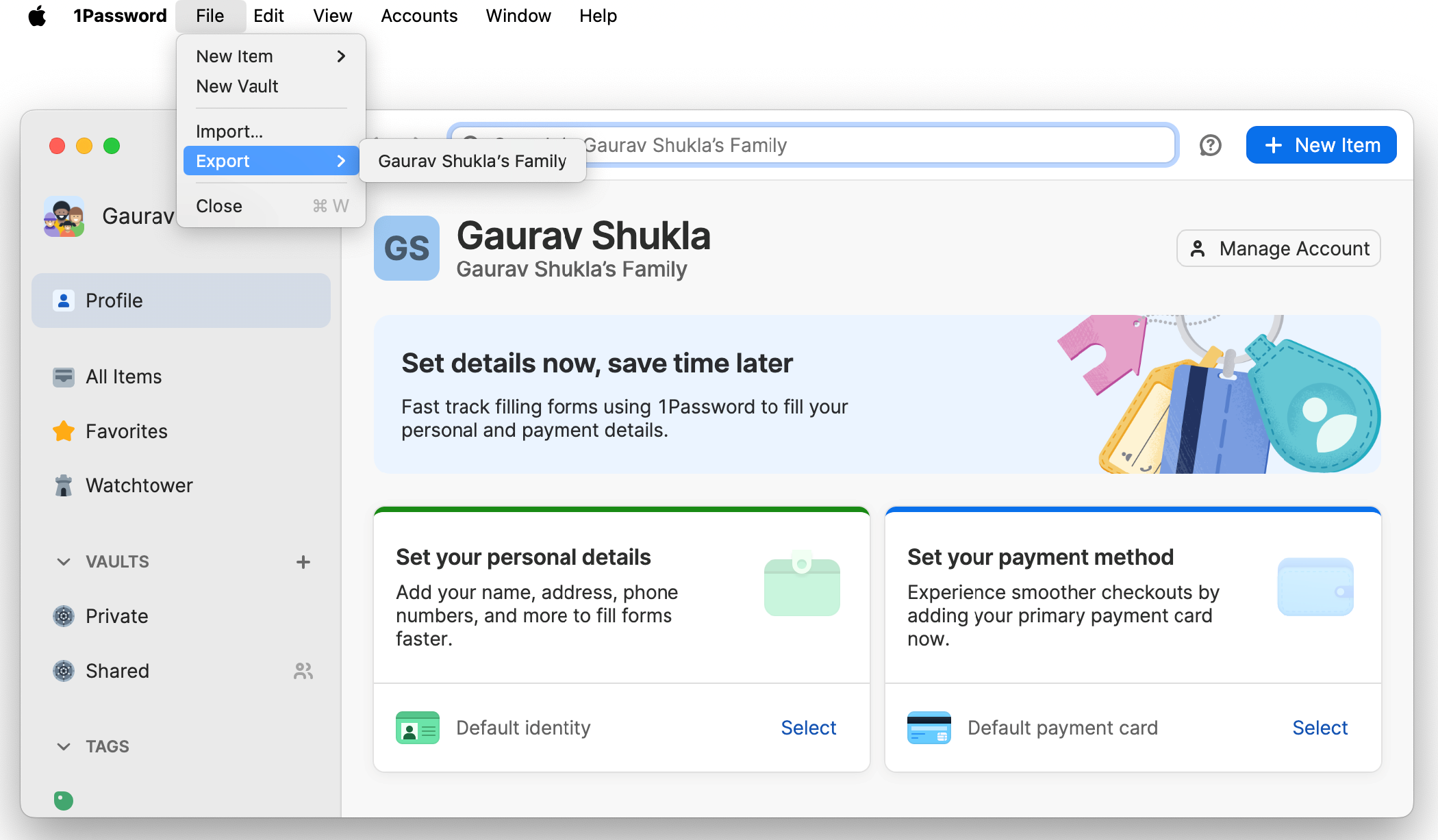 Опция «Экспорт» в меню 1Password с выделенным пунктом