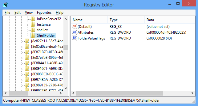 Ключ реестра CLSID ShellFolder для удаления SkyDrive из панели