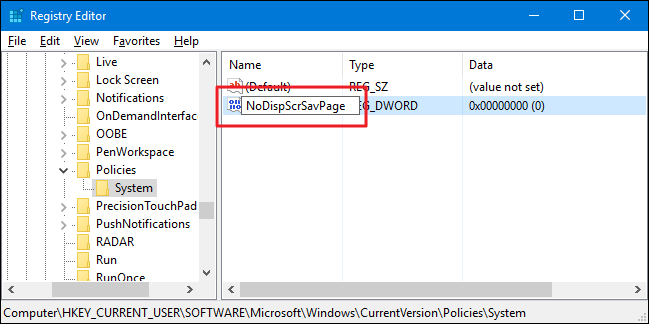 Установка значения в 1 для NoDispScrSavPage