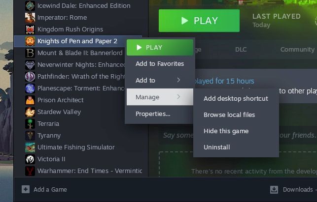 Контекстное меню Knights of Pen and Paper 2 в Steam