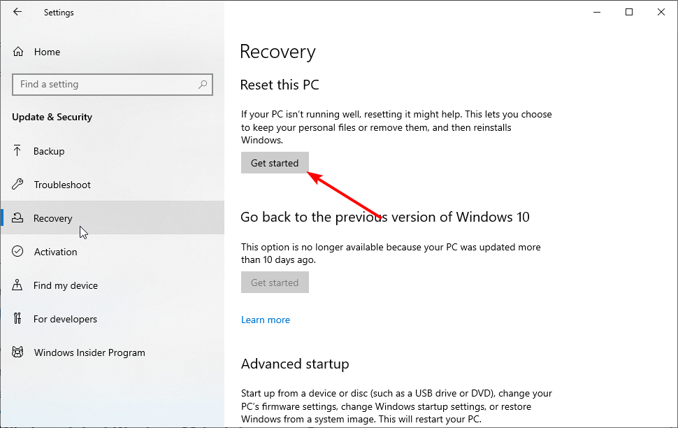 Начало сброса Windows