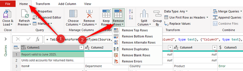 Меню Remove Rows в Редакторе Power Query.