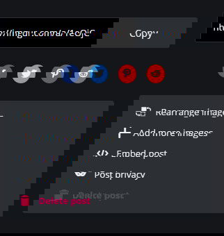 Панель с опциями «Поделиться» для альбома: кнопки социальных сетей и прямая ссылка
