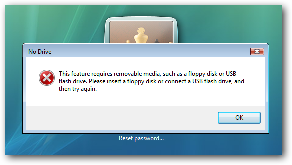 Ошибка при отсутствии флешки для диска сброса пароля