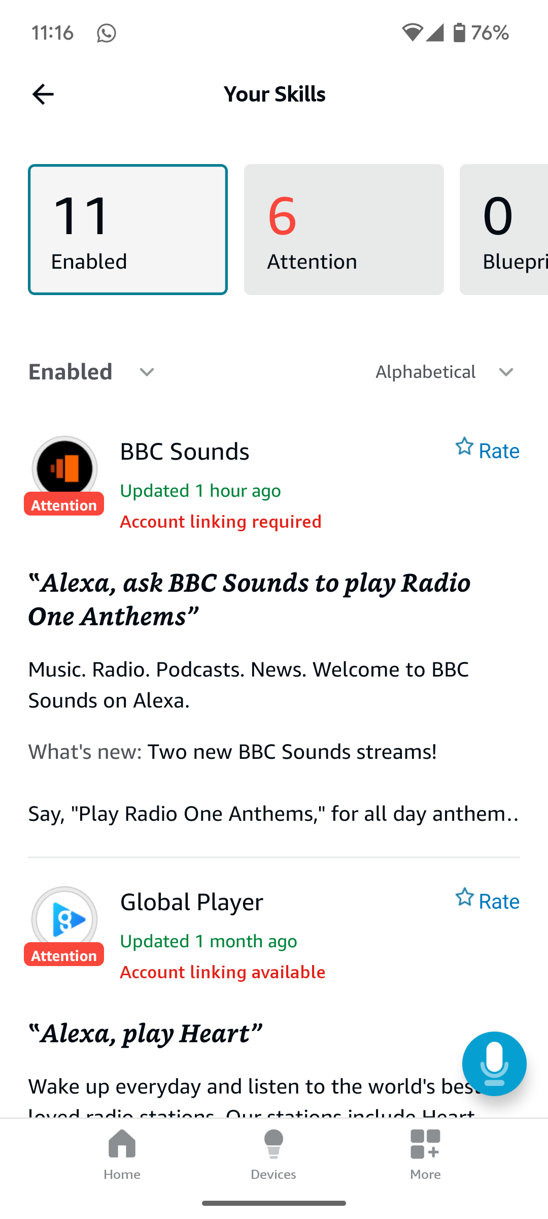 Managing your skills on the Alexa app