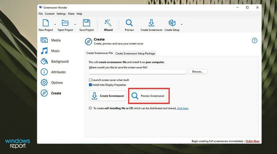 Кнопка Preview Screensaver для тестирования результата