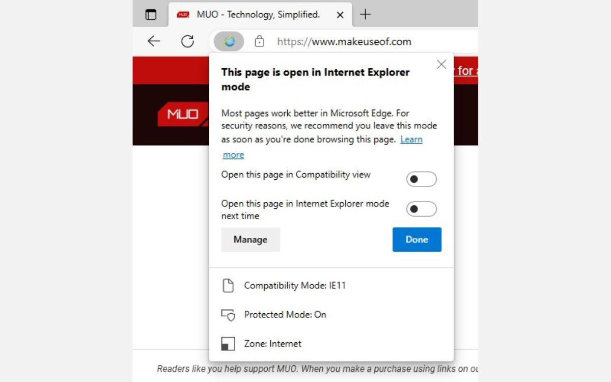 Индикатор режима Internet Explorer в адресной строке