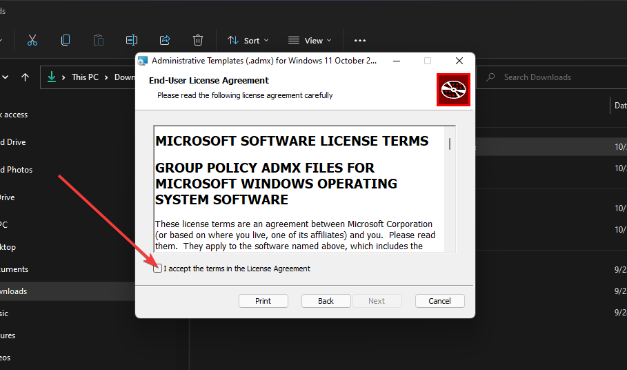 Принятие лицензии при установке ADMX