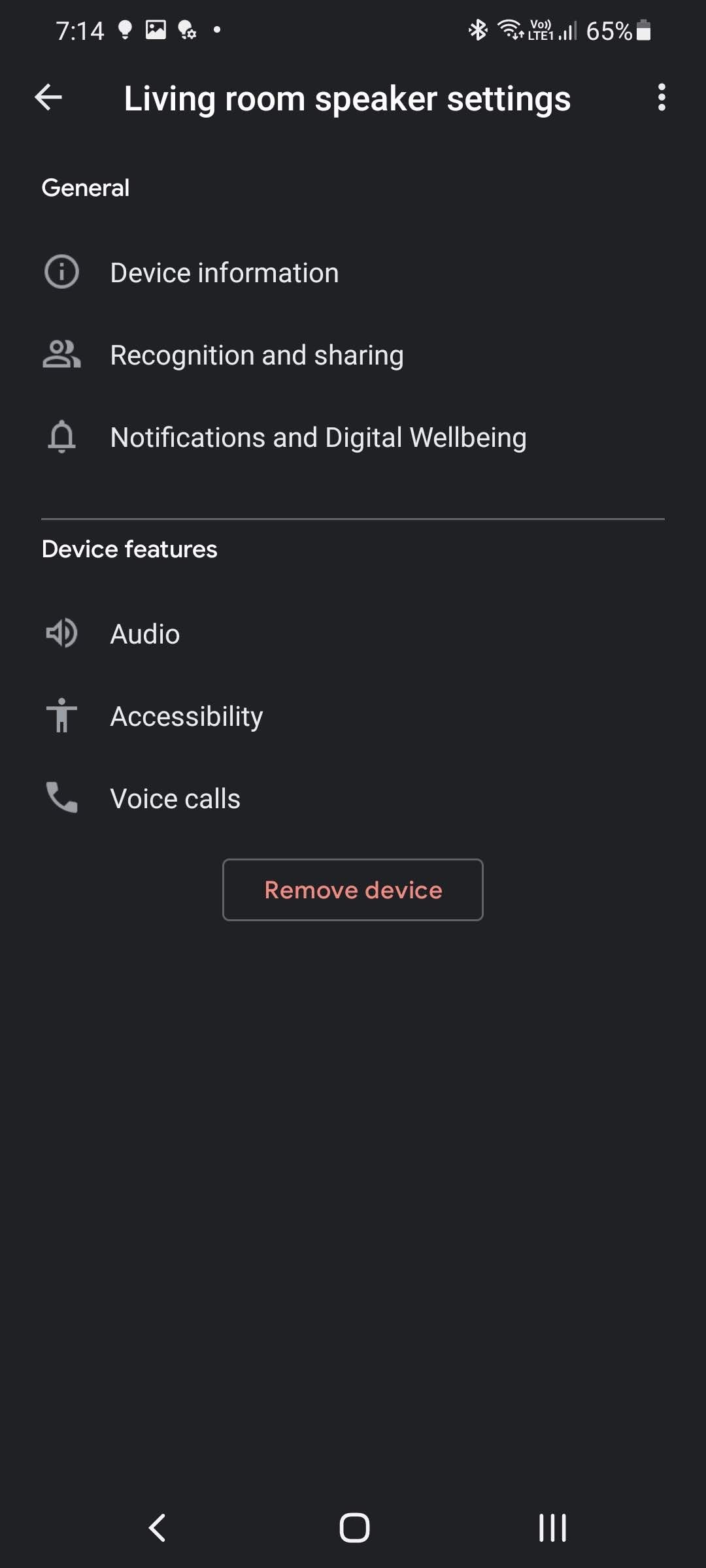 Настройки Google Home с меню устройства