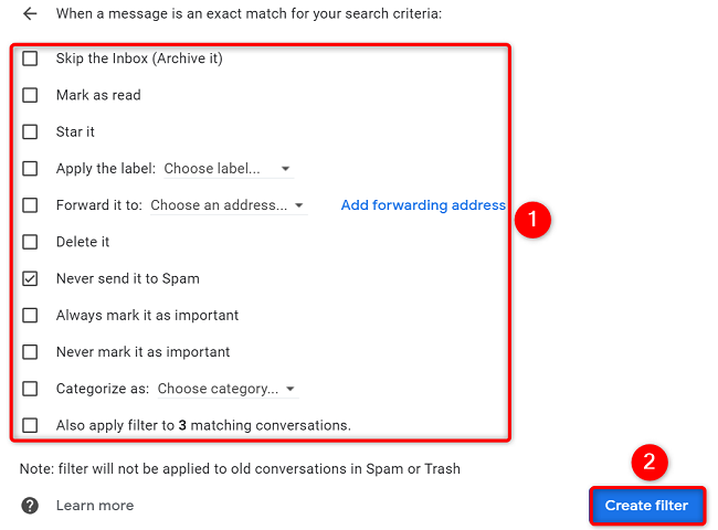 Выбор действия для фильтра и подтверждение создания