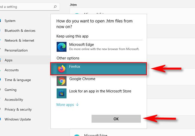 Выбор браузера для отдельного типа файла и подтверждение выбора.
