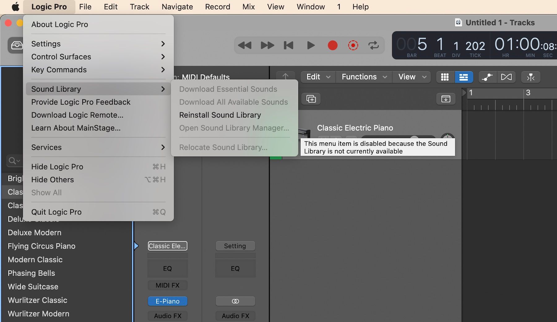 Меню библиотеки звуков в Logic Pro затемнено/неактивно