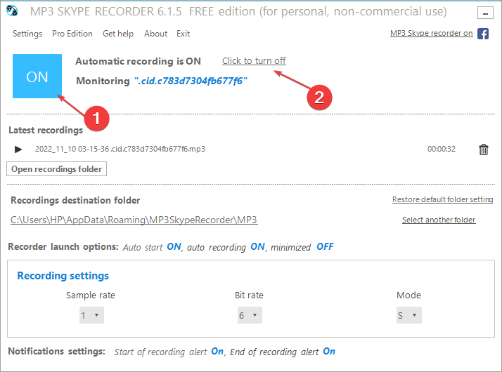 Переключатель автообнаружения вызовов в MP3 Skype Recorder