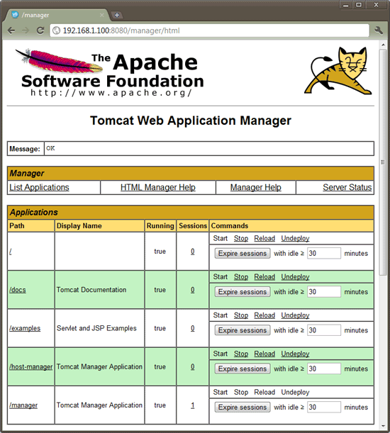 Tomcat Manager HTML — страница входа и интерфейс управления приложениями