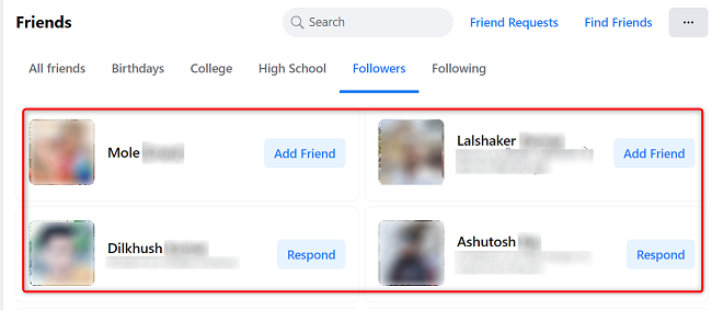 Список подписчиков Facebook на компьютере.
