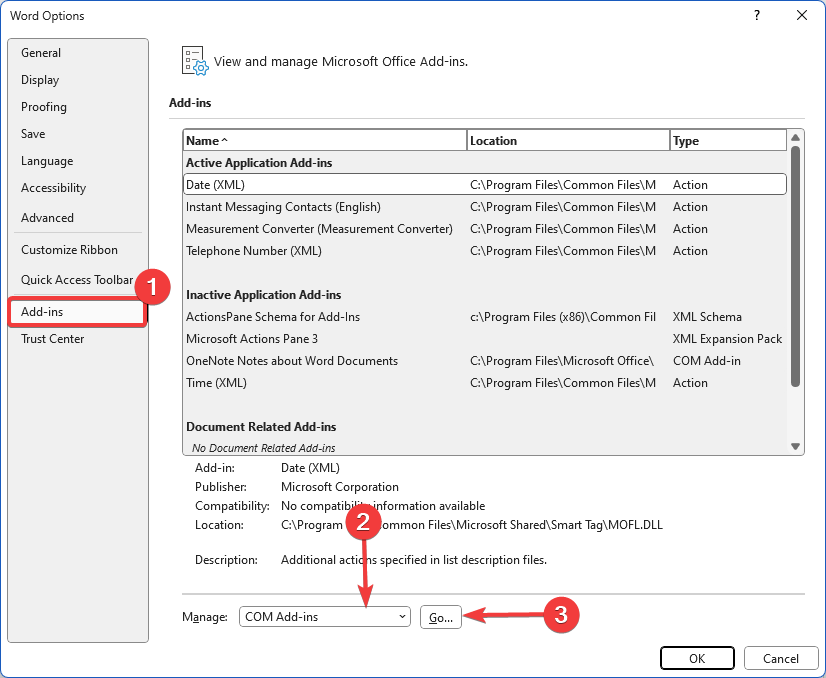 Окно Add-ins в Office