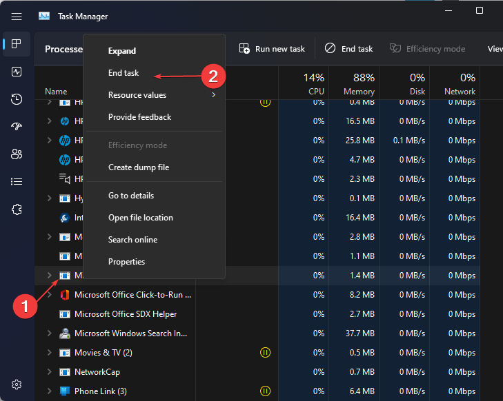 Диспетчер задач — поиск MiniSearchHost и завершение задачи