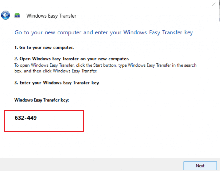 Окно с ключом Windows Easy Transfer