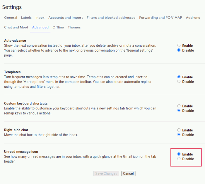 Опция «Иконка с непрочитанными сообщениями» в расширенных настройках Gmail