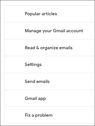 Список популярных тем справки Gmail