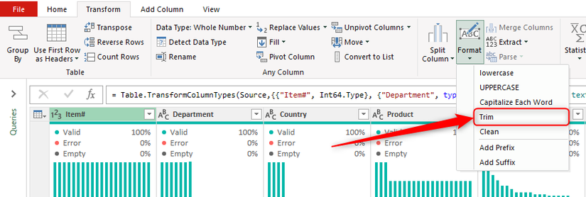 Меню Формат в Power Query: выбран Trim.