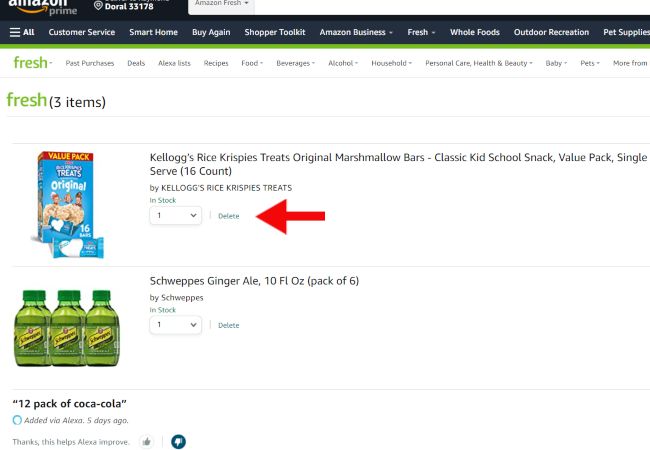 Страница корзины Amazon Fresh с добавленными товарами и суммой заказа.