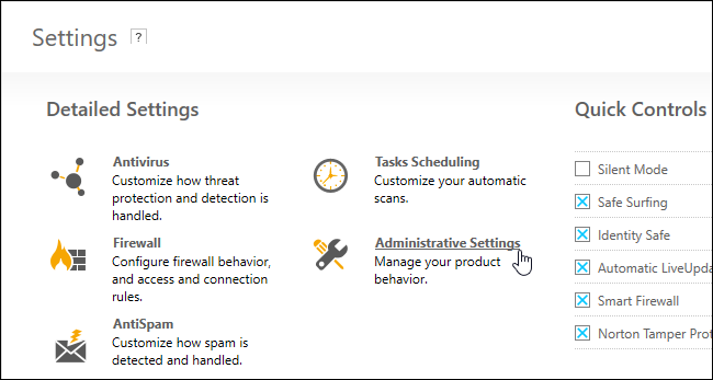 Экран административных настроек Norton