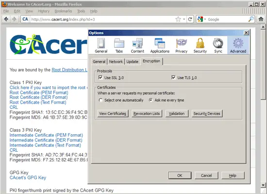 Окно управления списками отзыва сертификатов (CRL)