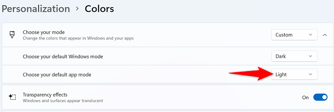 Используйте «Светлый» как режим по умолчанию для приложений.