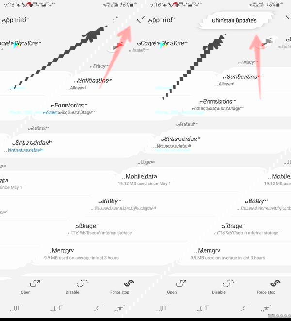 Меню приложения Google Play Маркет с опцией «Удалить обновления»