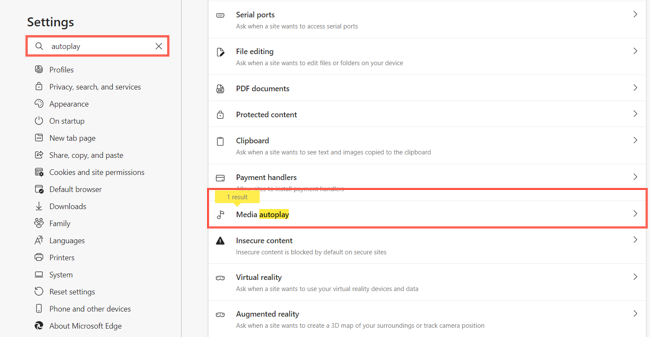 Поиск параметра 'Автовоспроизведение медиа' в настройках